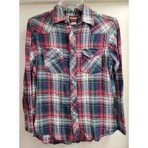 Wrangler Western Pearl Snap Shirt Sz Medium Long Sleeve Red Green 3 Snap Cuffs